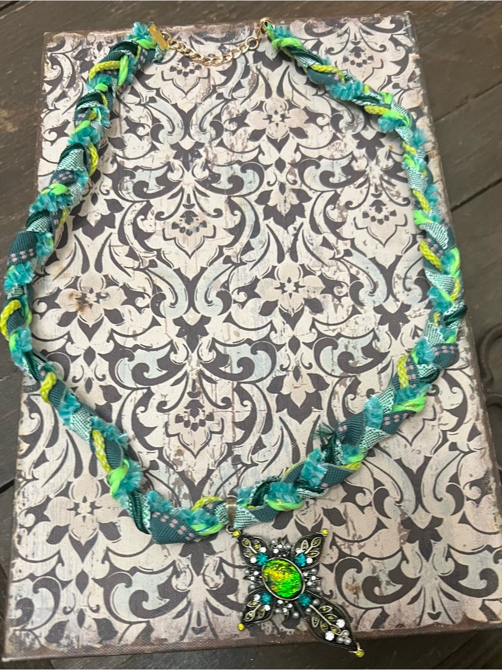 Boho Bohemian - Braided Necklace with Green Gem Cross Pendant